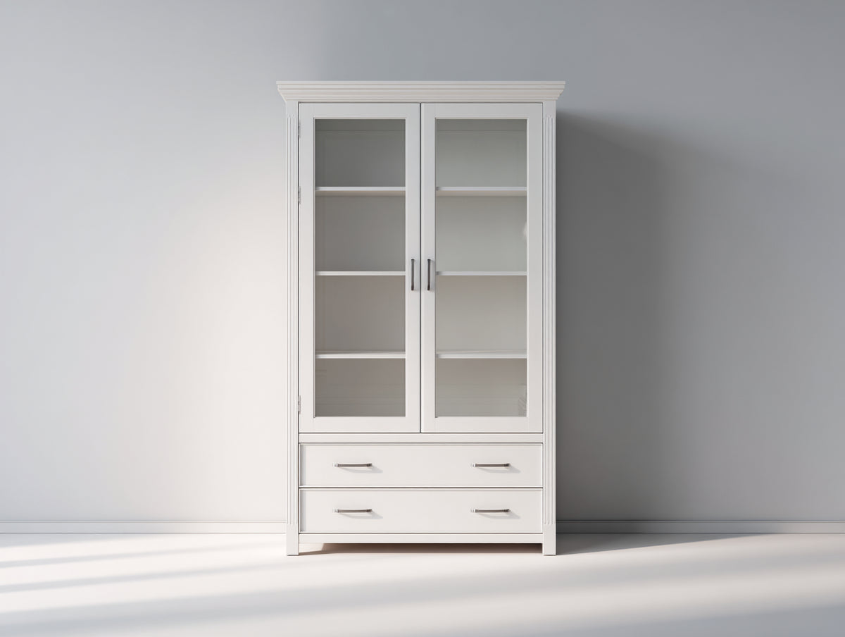 Vitrinen Holz 90x40x180 cm - Weißer Glasschrank mit 2 Türen und 2 Schubladen - Klassisches Design für Wohnzimmer und Esszimmer