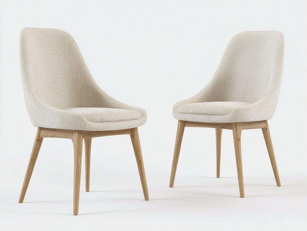 2er Set Esszimmerstühle aus Holz mit Stoffbezug 55 x 59 x 88 cm - Creme und Naturholz - Modernes Schalendesign mit hoher gepolsterter Rückenlehne