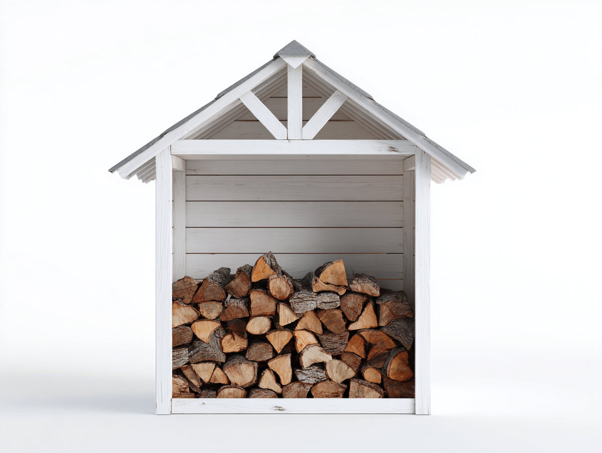 Kaminholzregal aus Holz 130 x 65 x 190 cm - Weiß und Grau - Überdachtes Design mit offener Vorderseite und Satteldach