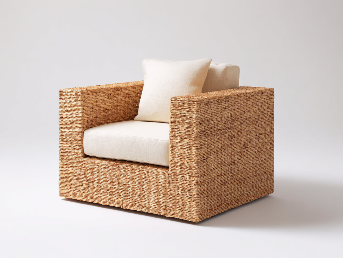 Polyrattan Gartensessel 85 x 82 x 78 cm - Naturbraun und Creme - Modernes Loungedesign mit breiten Armlehnen und gepolsterter Sitzfläche