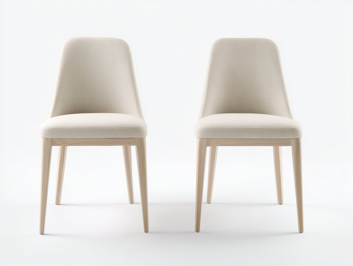2er Set Esszimmerstühle aus Holz mit Stoffbezug 50 x 56 x 86 cm - Creme und Naturholz - Modernes Design mit hoher gepolsterter Rückenlehne