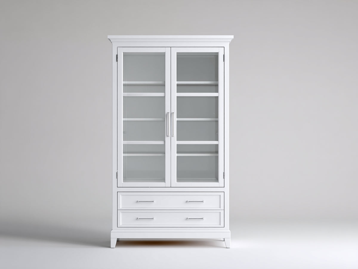 Vitrine 80x40x160 cm Holz Glas Weiß mit zwei Glastüren und zwei Schubladen Modernes Design