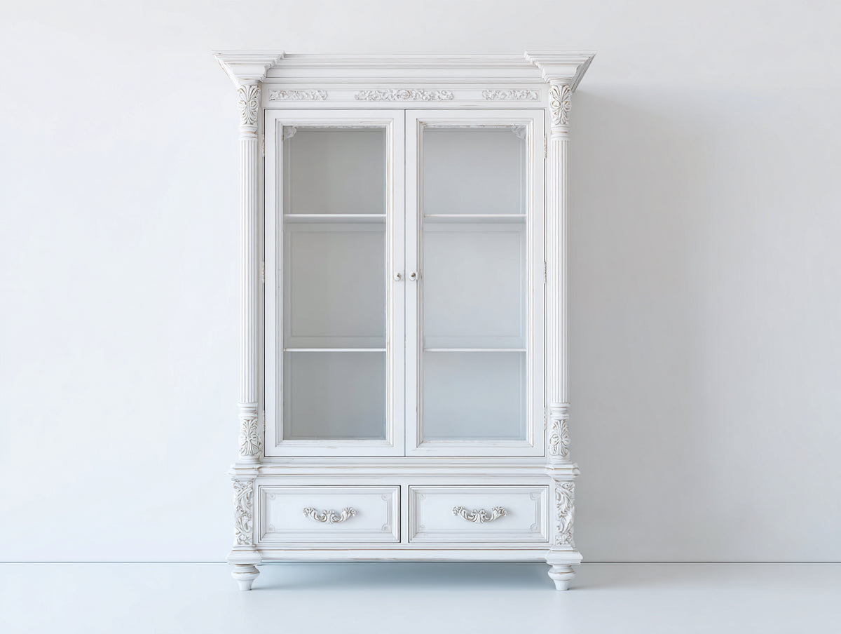Vitrinen aus Holz und Glas 115 x 48 x 205 cm - Weiß - Klassisches Design mit 2 Glastüren und 2 Schubladen