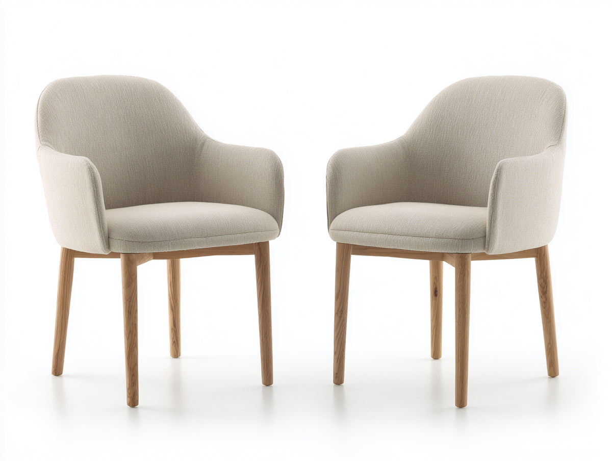 Esszimmerstühle 2er Set Stoff 55x60x80 cm - Beige-Naturholz - gepolsterte Stühle mit Armlehnen im modernen Design