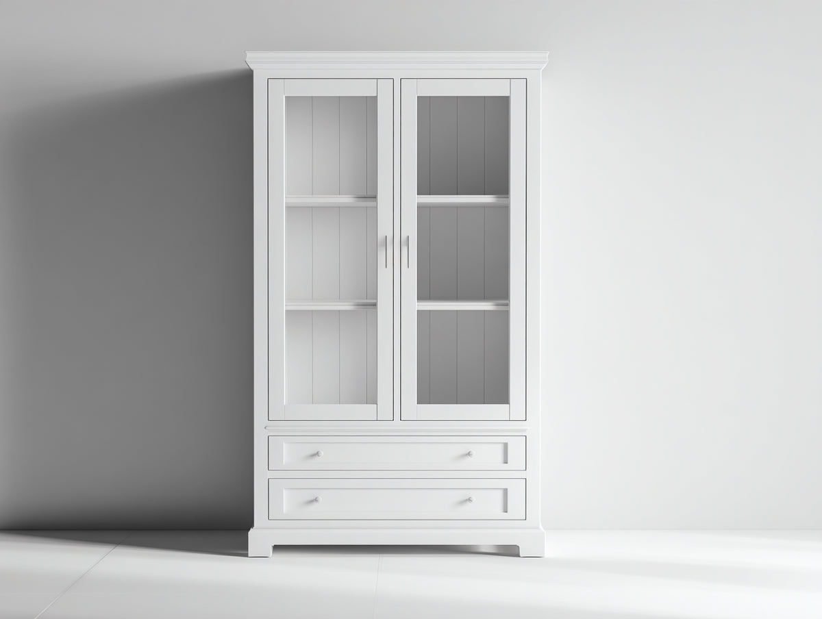 Vitrinen 90x40x190 cm Vitrine aus Holz in Weiß mit Glastüren und Schubladen für Wohnzimmer
