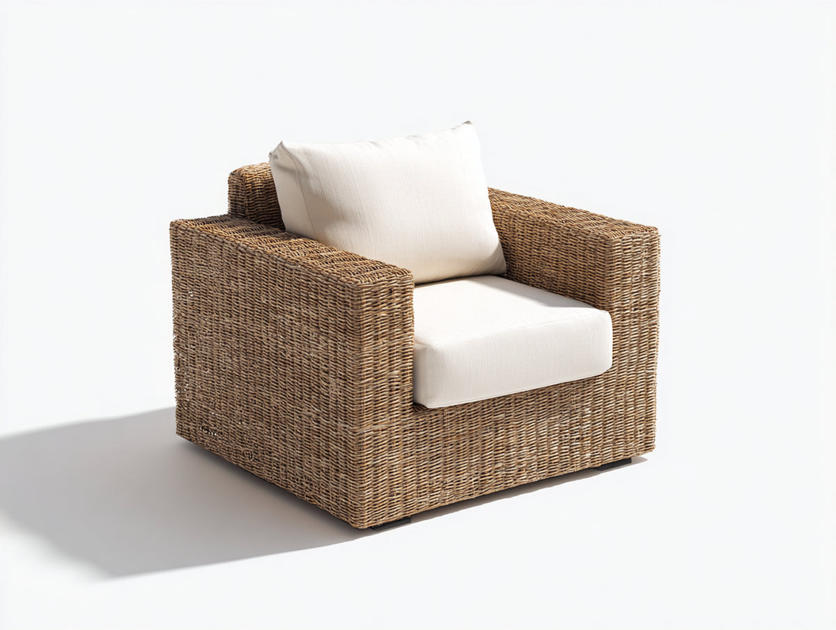 Polyrattan Gartensessel 86 x 84 x 80 cm - Naturbraun und Creme - Modernes Loungedesign mit breiten Armlehnen und gepolsterter Sitzfläche
