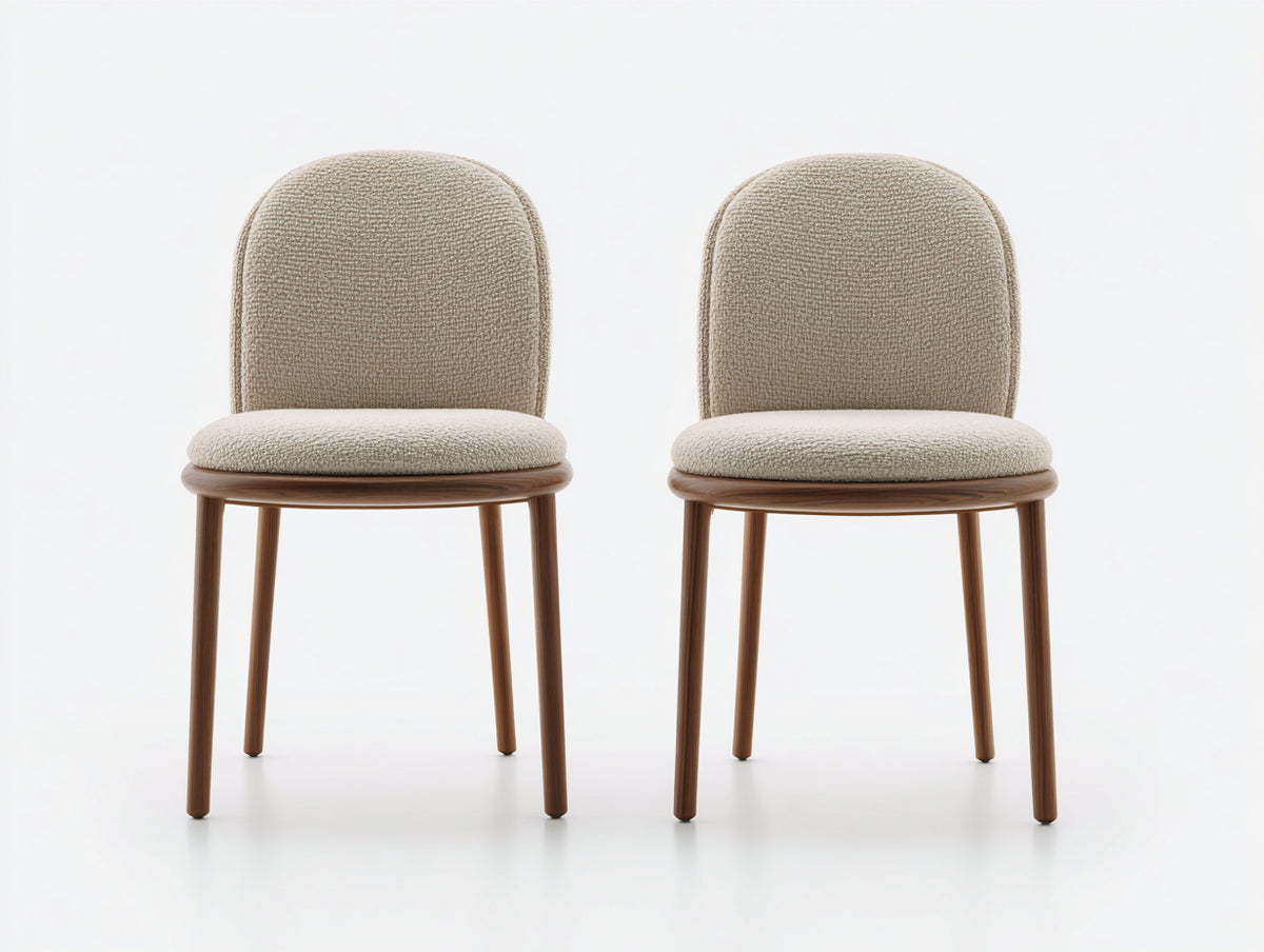 2er Set Esszimmerstühle aus Holz mit Bouclé Stoffbezug 50 x 55 x 84 cm - Creme und Walnussbraun - Modernes Design mit abgerundeter Rückenlehne