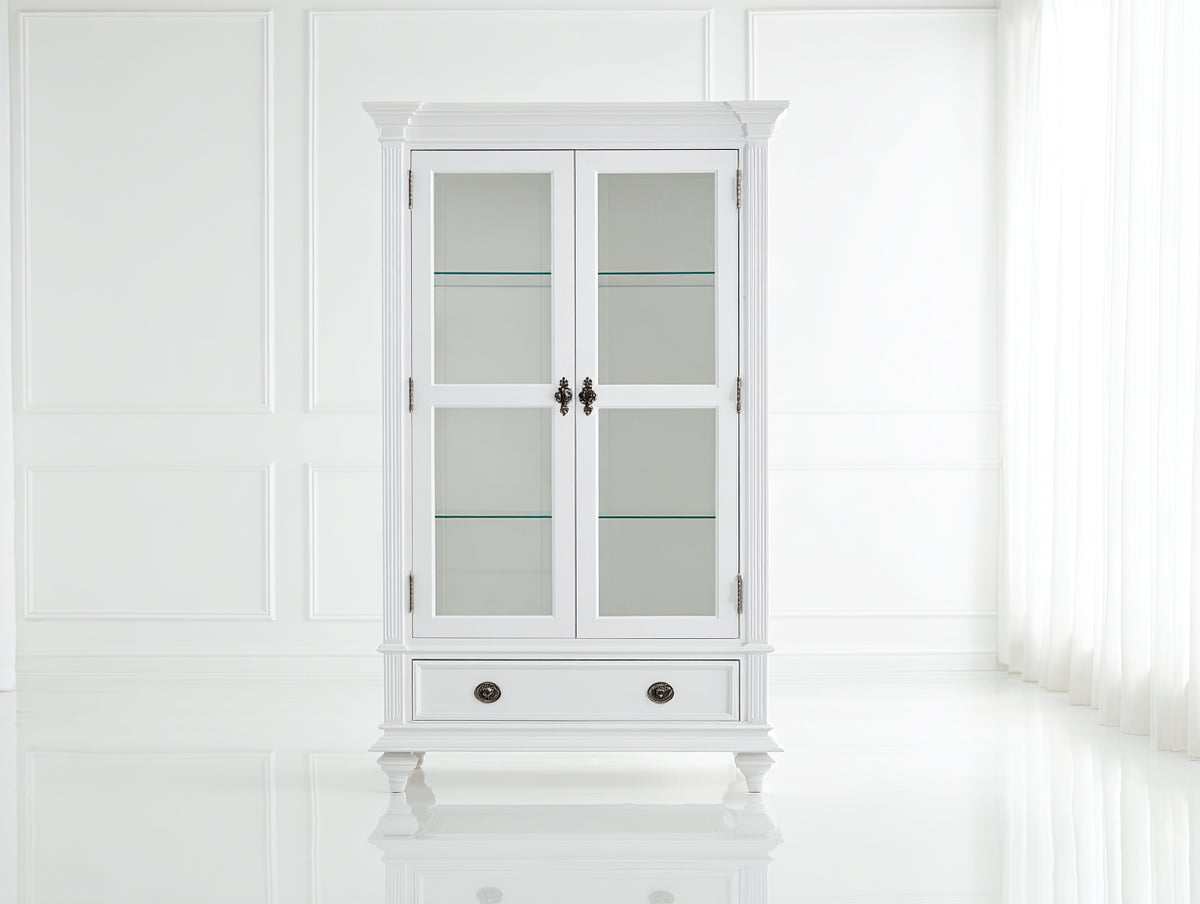 Vitrinen Holz 90x40x180 cm - Weißer Glasschrank mit 2 Türen und 1 Schublade - Klassisches Design für Wohnzimmer und Esszimmer