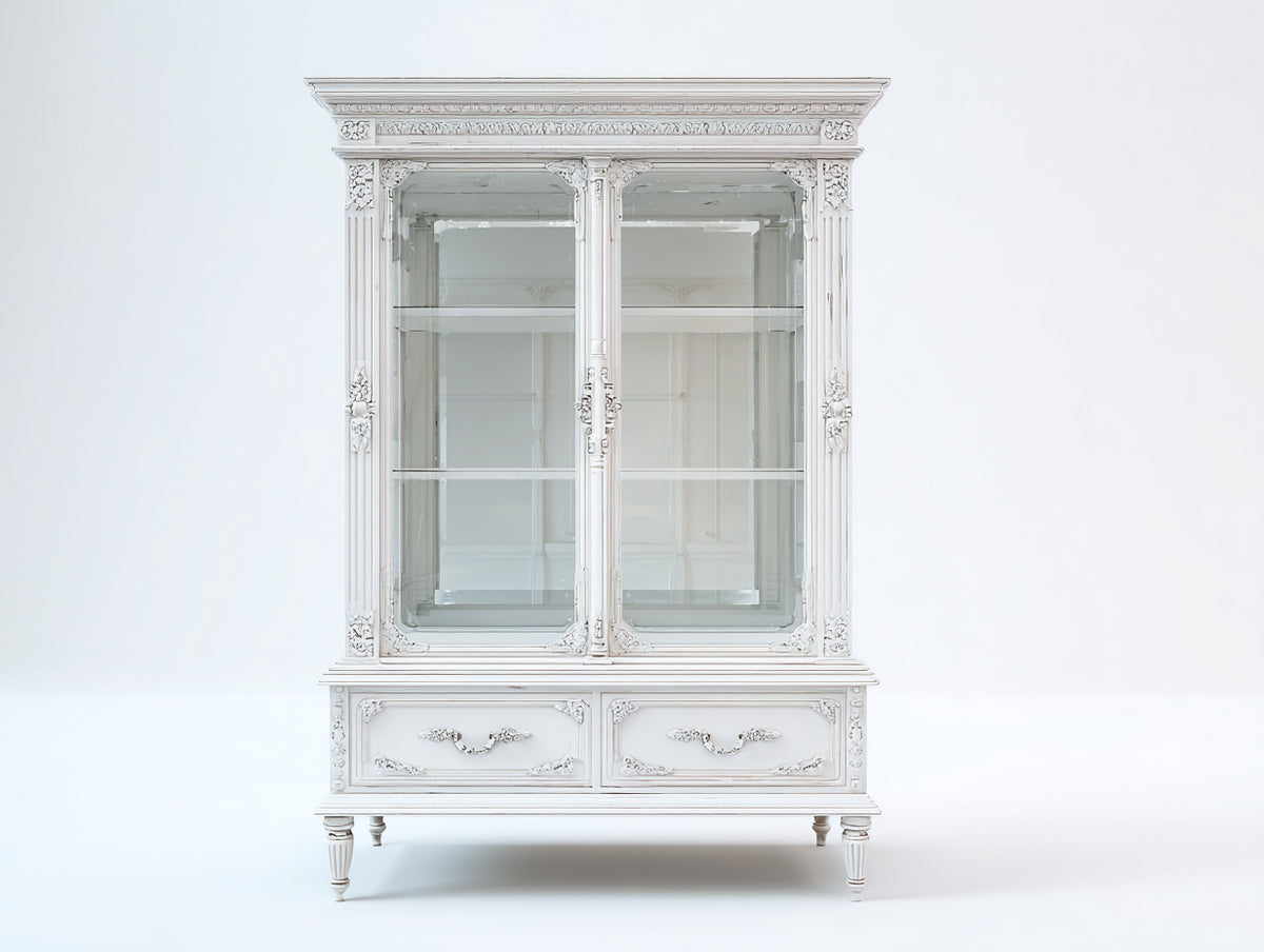Vitrine 78x38x120 cm Massivholz Glas Weiß Klassisches Design mit Schubladen