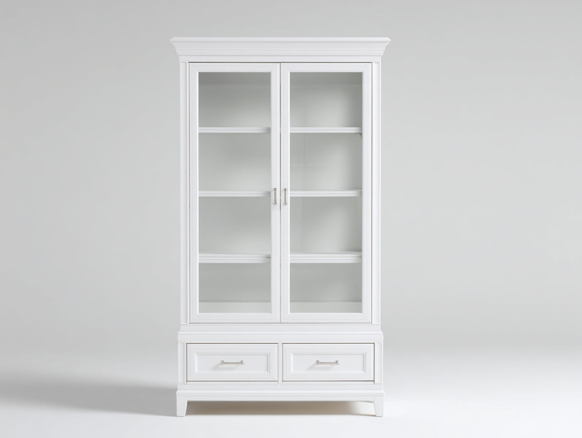 Vitrinen 100x40x200 cm Vitrine aus Holz in Weiß mit Glastüren und Schubladen für Wohnzimmer