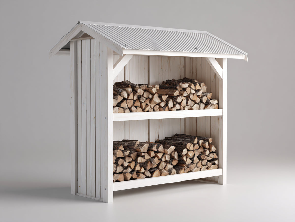 Kaminholzregal aus Holz 160 x 70 x 190 cm - Weiß - Überdachtes Design mit 2 offenen Lagerbereichen und geneigtem Metalldach